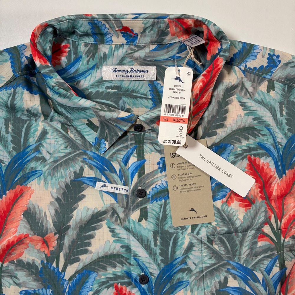 NEW Tommy Bahama Bahama Coast Shirt 3XLB Marble Cream Palms AOP Button Stretch